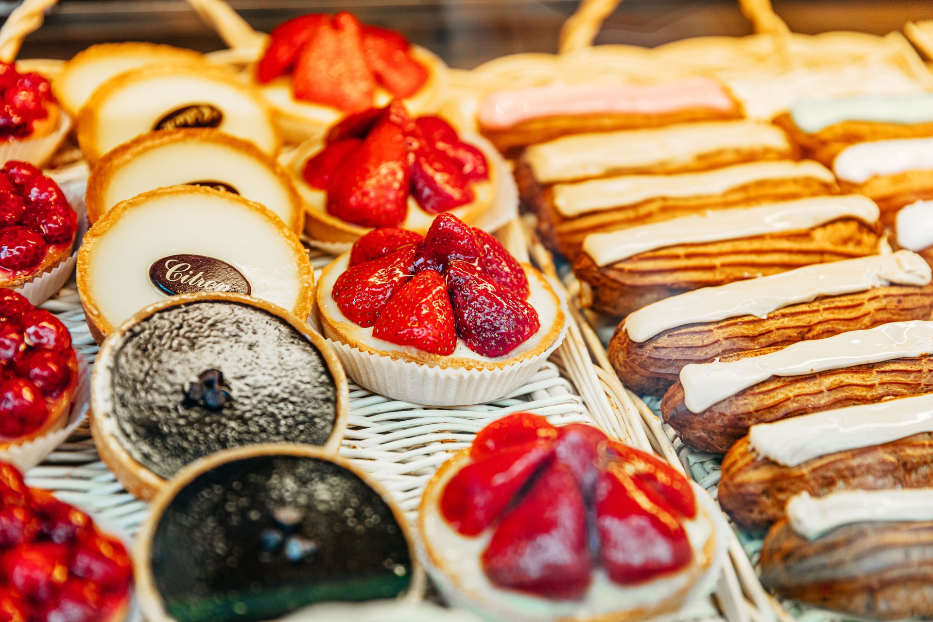 Delicious French Pastries and Tarts in a Paris Bakery Display